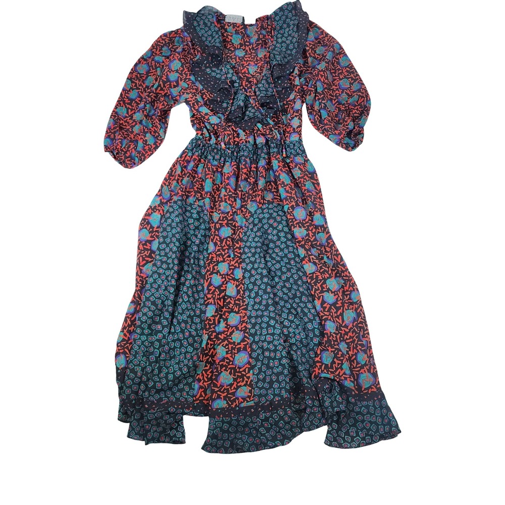 Vintage Plaza South 80s Abstract Geometric‎ Ruffle Midi Dress Black Teal Red 12